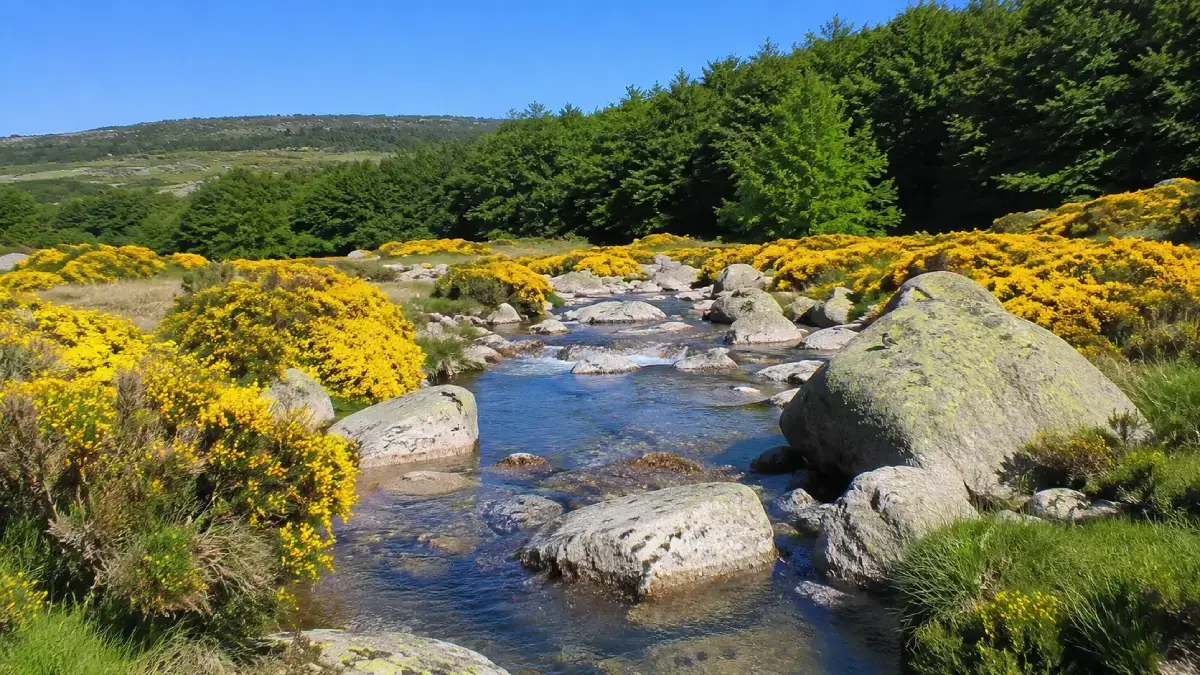 Ruisseau entre les blocs de granit et les genêts en fleurs au mont Lozère