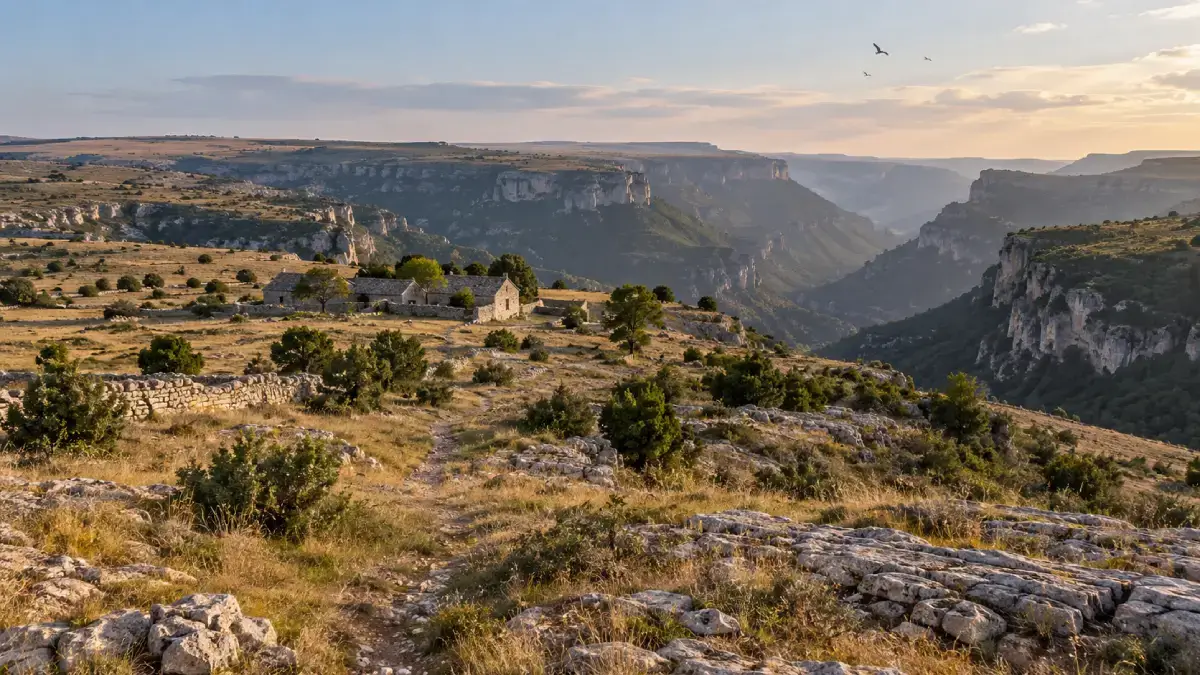 Panorama d'un plateau calcaire des Grands Causses au coucher du soleil, gorges et bâtisses en pierre sèche en Lozère